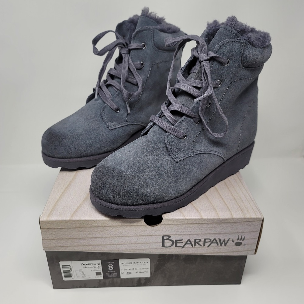 BEARPAW Phoebe Suede LaceUp Winter Hiking Boot Sheepskin Charcoal Sz 8W Neverwet